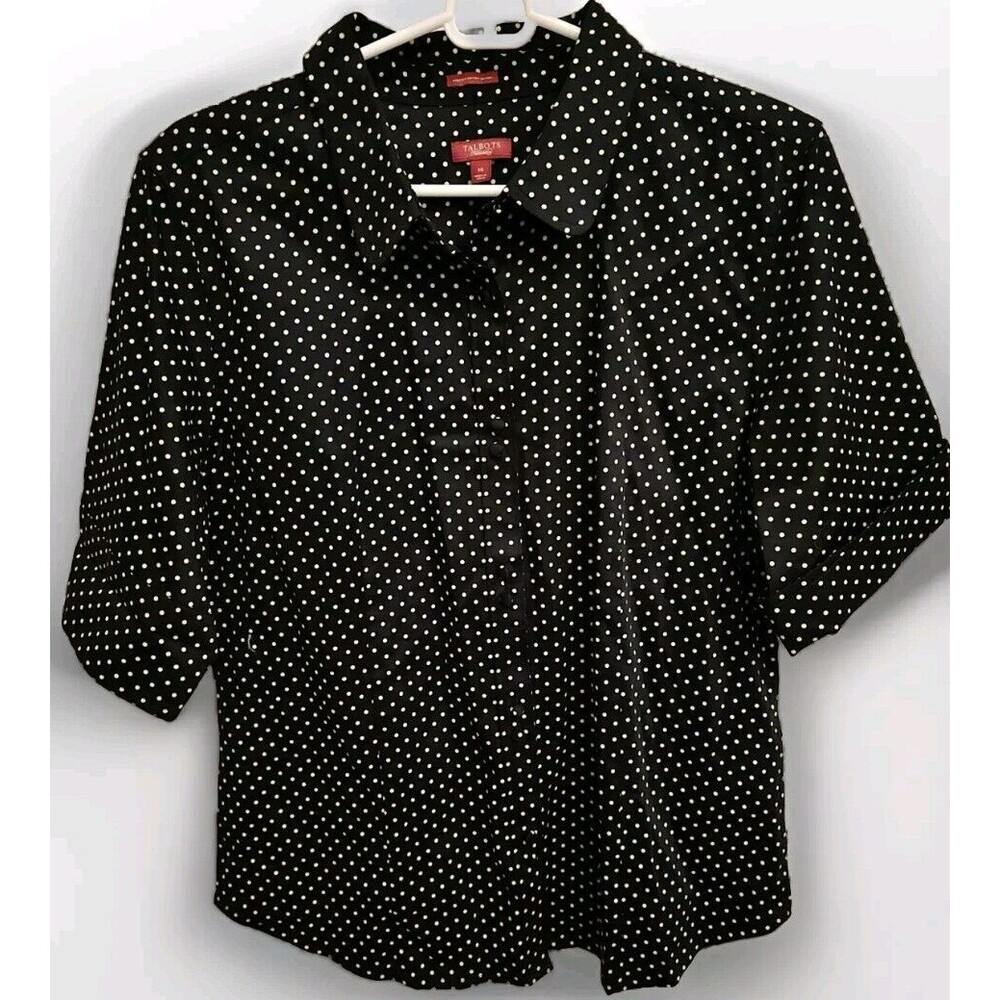 Talbots Shirt Top Women Size 14 Petite Nice Button Up Polka Dot Black Work Cute